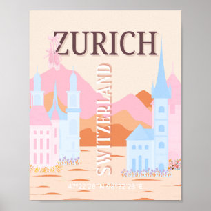 Zürich Travel Art, Zwitserland, Retro Travel Art Poster