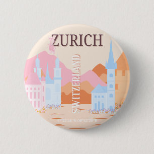 Zürich Travel Art, Zwitserland, Retro Travel Art Ronde Button 5,7 Cm