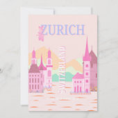 Zürich Travel Art, Zwitserland, Roze Retro Reizen Feestdagenkaart (Voorkant)