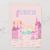 Zürich Travel Art, Zwitserland, Roze Retro Reizen Feestdagenkaart (Voorkant / Achterkant)