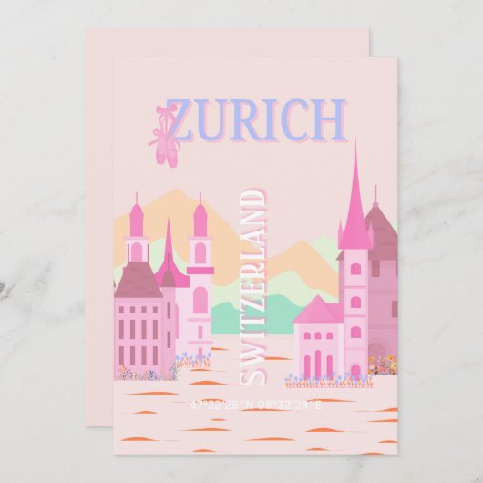 Zürich Travel Art, Zwitserland, Roze Retro Reizen Feestdagenkaart (Voorkant / Achterkant)