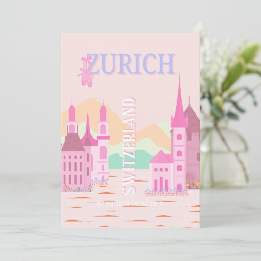 Zürich Travel Art, Zwitserland, Roze Retro Reizen Feestdagenkaart (Staand voorkant)