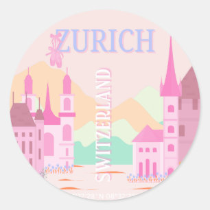 Zürich Travel Art, Zwitserland, Roze Retro Reizen Ronde Sticker