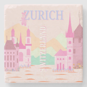 Zürich Travel Art, Zwitserland, Roze Retro Reizen Stenen Onderzetter