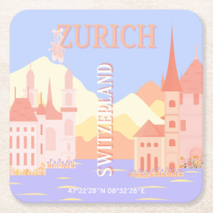 Zürich Travel Art, Zwitserland Travel Art Vierkante Kartonnen Onderzetter