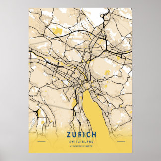 Zürich - Zwitserland Gele City Map Poster