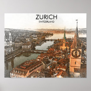 Zürich Zwitserland Panorama Uitzicht Poster