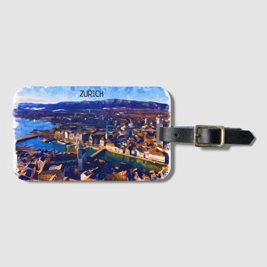 Zürich Zwitserland Panorama Uitzicht Waterverf Bagagelabel (Voorkant (horizontaal))