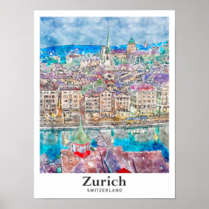Zürich Zwitserland Reizen Waterverf Hand getekend Poster