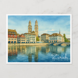 Zurich Zwitserland Retro Aquarel Reizen Feestdagenkaart