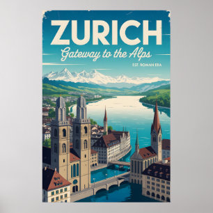 Zurich Zwitserland Retro Silhouette Stadslandschap Poster