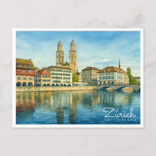 Zürich Zwitserland Retro Waterverf Reizen Feestdagenkaart