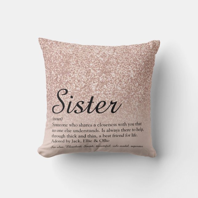 Zus Definitie Rose Goud Glitter Chic Script Kussen (Voorkant)