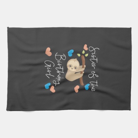 Zus van de jarige meisjes luiaard verjaardagsfeest theedoek (Horizontaal)