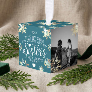 Zussers verbonden via hartfoto Keepomwille Blue Kubus Ornament