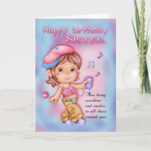 Zuster Birthday Card - Cute Girl met muziek Kaart