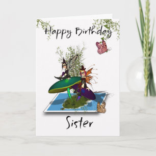 Zuster Birthday Card - Cute Gothic Fairies Springi Kaart