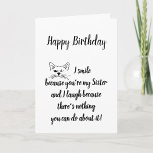 Zuster Birthday Humor Quote Winking Cat Fun Kaart