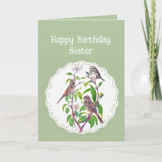 Zuster Birthday Song Sparrows, Cute Birds Kaart (Voorkant)