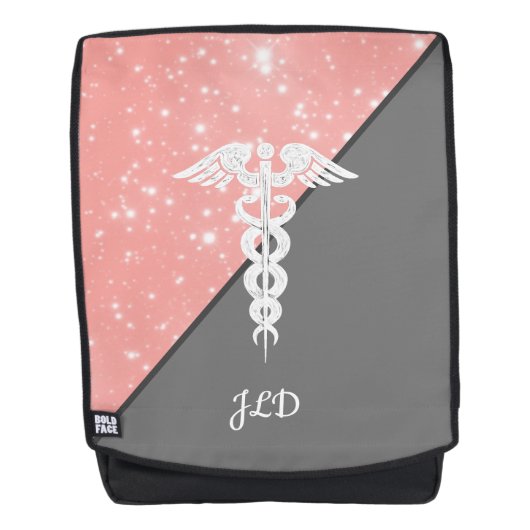 Zuster Caduceus Blush Pink Faux Glitter Monogram Rugtassen (Voorkant)