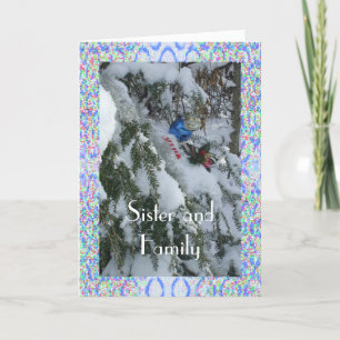 Zuster en familie-versierde boom buiten ingelijst feestdagen kaart