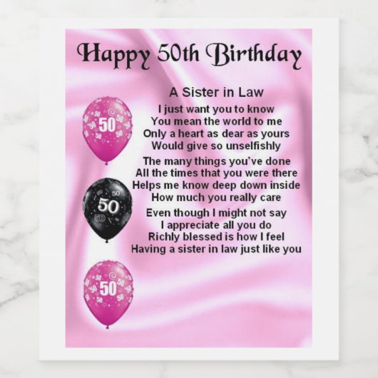 Zuster in Law Gedichtenflesetiket 50ste verjaardag Wijn Etiket (Enkel label)