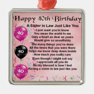 Zuster in Law Poem 40th Birthday Metalen Ornament