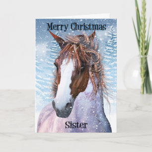 Zuster paardenpaard met winterachtergrond feestdagen kaart