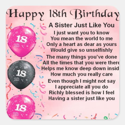 Zuster Poem - 18e Birthday Design Vierkante Sticker (Voorkant)