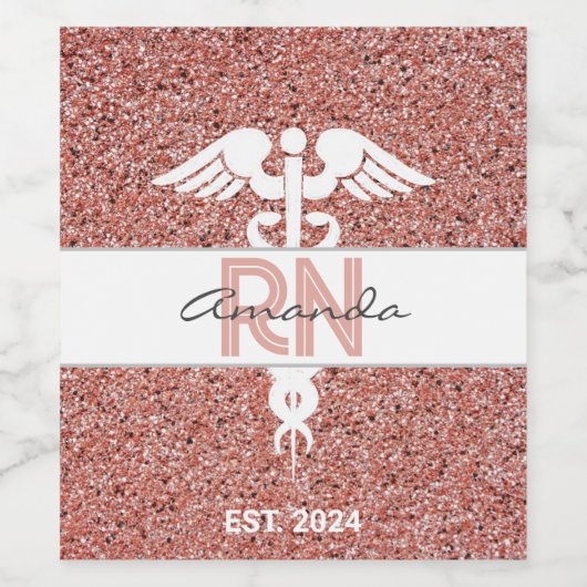 Zuster RN Afstuderen Roze Rose Gold Glitter Naam Wijn Etiket (Enkel label)
