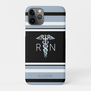 Zuster RN Caduceus Blue Stripes Personalized iPhone 11 Pro Hoesje