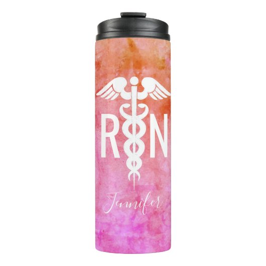 Zuster RN Roze Oranje Waterverf Medische monogram Thermosbeker (Voorkant)