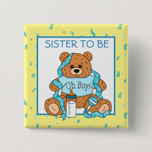 Zuster to be Blue Teddy Bear Baby shower Button (Voorkant)