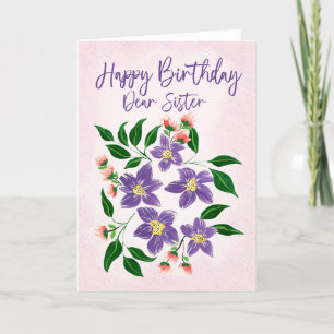 Zuster Verjaardag Paarse bloemen en roze Bedankkaart