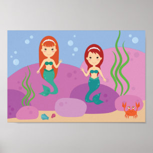Zuster zeemeerminnen onderwater zwaaien kinderkame poster