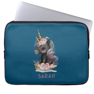Zut Black Unicorn met Bloemen Aquarel Eenhoorn Laptop Sleeve