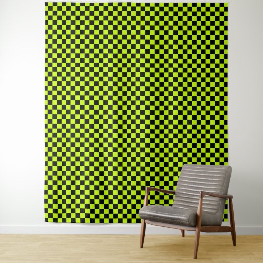 Zuur groen zwart schaakbordpatroon wandkleed (In situ)
