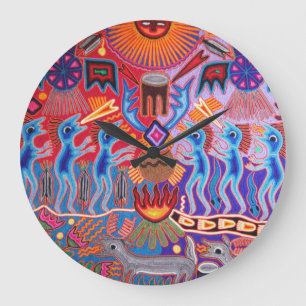 ZW Huichol Peyote Rituele Ceremonie Wandklok Grote Klok