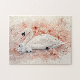 Zwaan Cygnet en Blush Roze Bloemen Legpuzzel