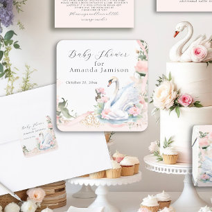 Zwaan Elegant Bloemen Blush Pink Ribbon Baby showe Vierkante Sticker