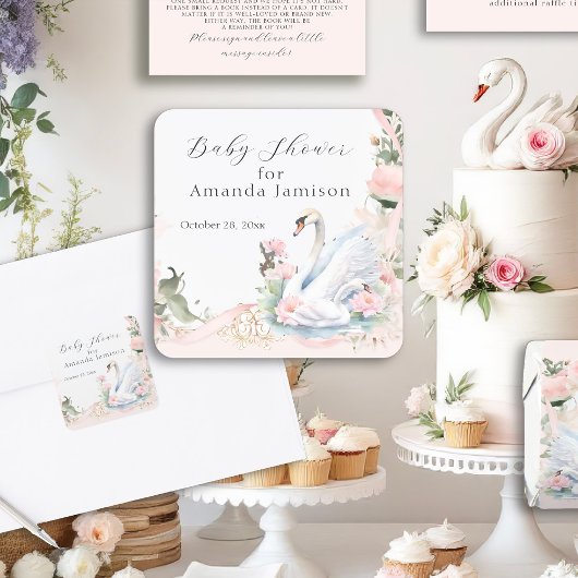Zwaan Elegante Bloemige Roze Lint Baby Shower Vierkante Sticker