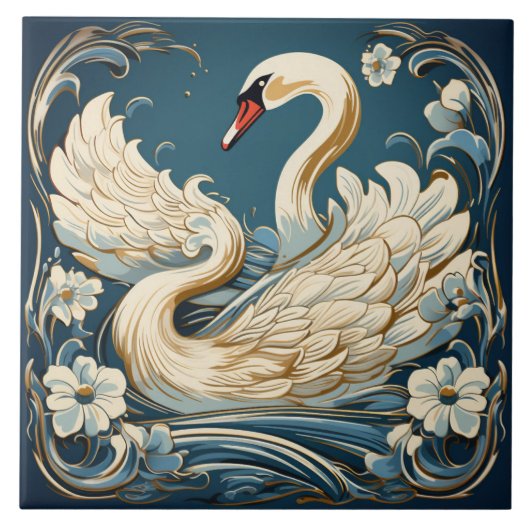 Zwaan en bloemen, blauwe achtergrond tegeltje (Voorkant)