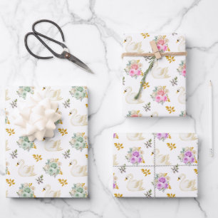 Zwaan Groen, Roze, Paars en Gouden Bloemrozen Inpakpapier Vel