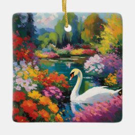 Zwaan in een meer omringd door bloemen keramisch ornament