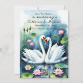 Zwaan In Liefde Waterverf Lotus Vijver QR Code Bru Save The Date (Voorkant)