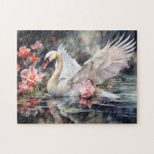 Zwaan in lotusvijver met zachte kleuren legpuzzel
