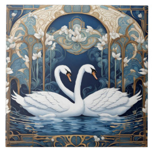 Zwaan Paar Art Nouveau Vogel Art Deco Blauw Tegeltje