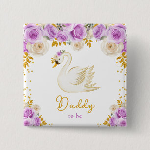 Zwaan Paarse en Gouden Rozen Papa Wordt Vierkante Button 5,1 Cm
