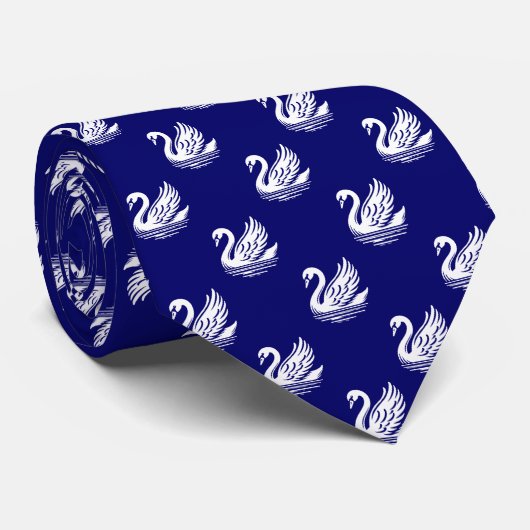 Zwaan Patroon - Wit op Deep Navy Blue Stropdas (Opgerold)