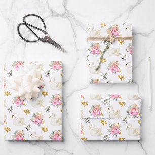 Zwaan Roze en Gouden Bloemrozen Inpakpapier Vel